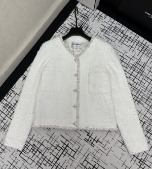 샤넬 25SS 진주 트위드 이미테이션 펄 브이넥 자켓 코튼 화이트 P78983