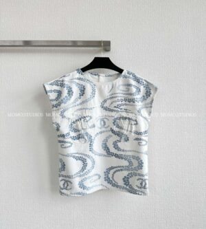 샤넬 프린트 워시드 데님 민소매 셔츠 탑 P78573
