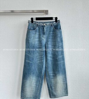 샤넬 25A 공방 데님 팬츠 트위드 청바지 와이드 7부 CC 포켓 워싱 블루 P79894