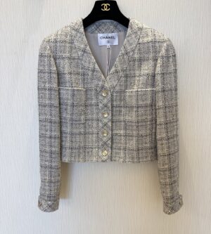 샤넬 25FW 트위드 브이넥 CC로고 체크 자켓 P80392